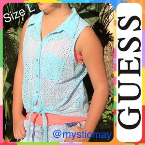 Vintage 80s GUESS Sky Blue Eyelet Lace Tie Front Top Sleeveless Blouse Size L